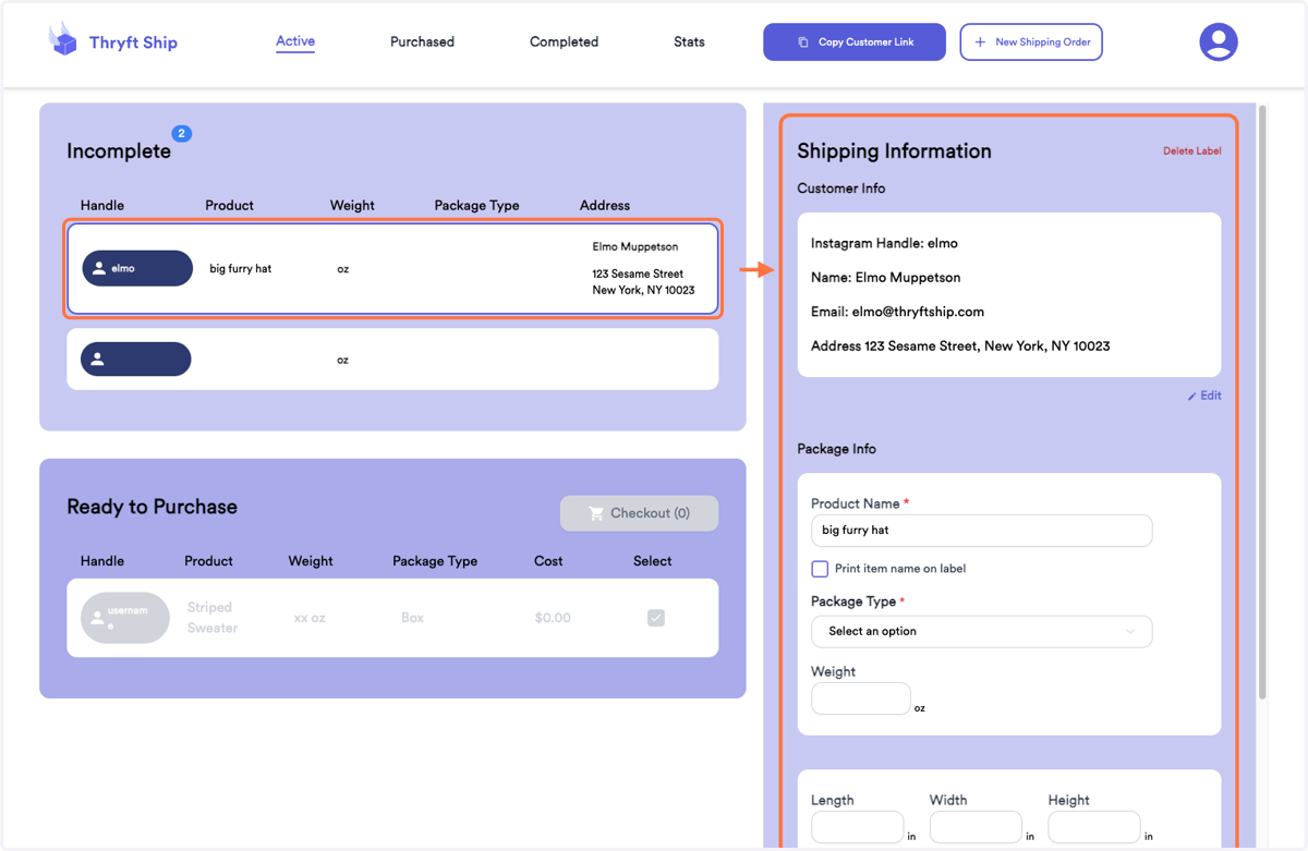 Click on the form to see all the shipping details on the screen's right side.