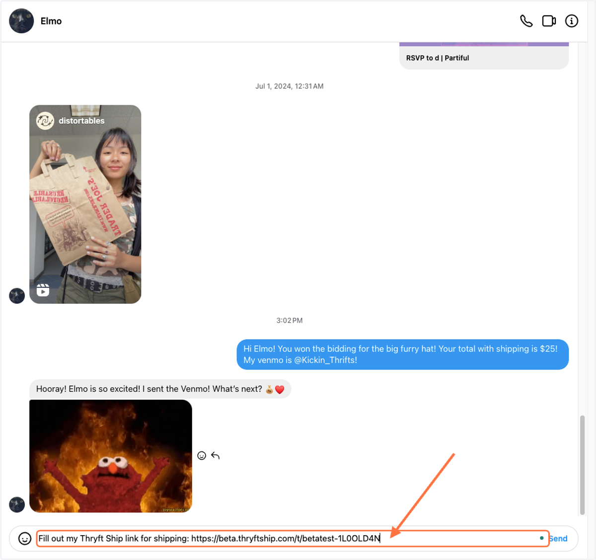 Paste your Thryft Ship link into the chat with a customer