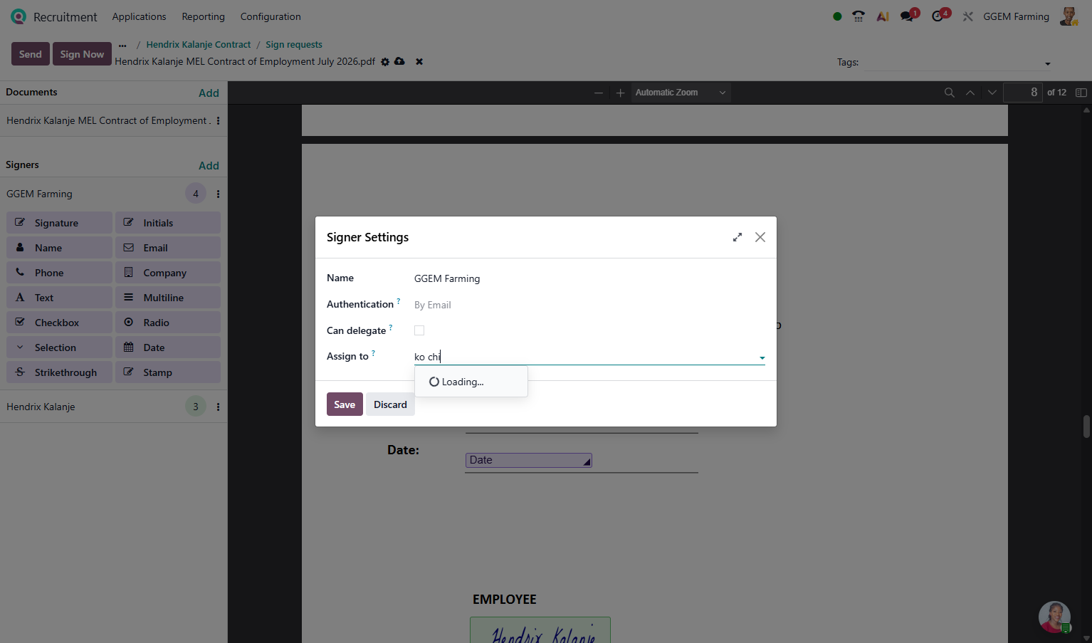 Click (three dot menu) to asign emials to singatories
