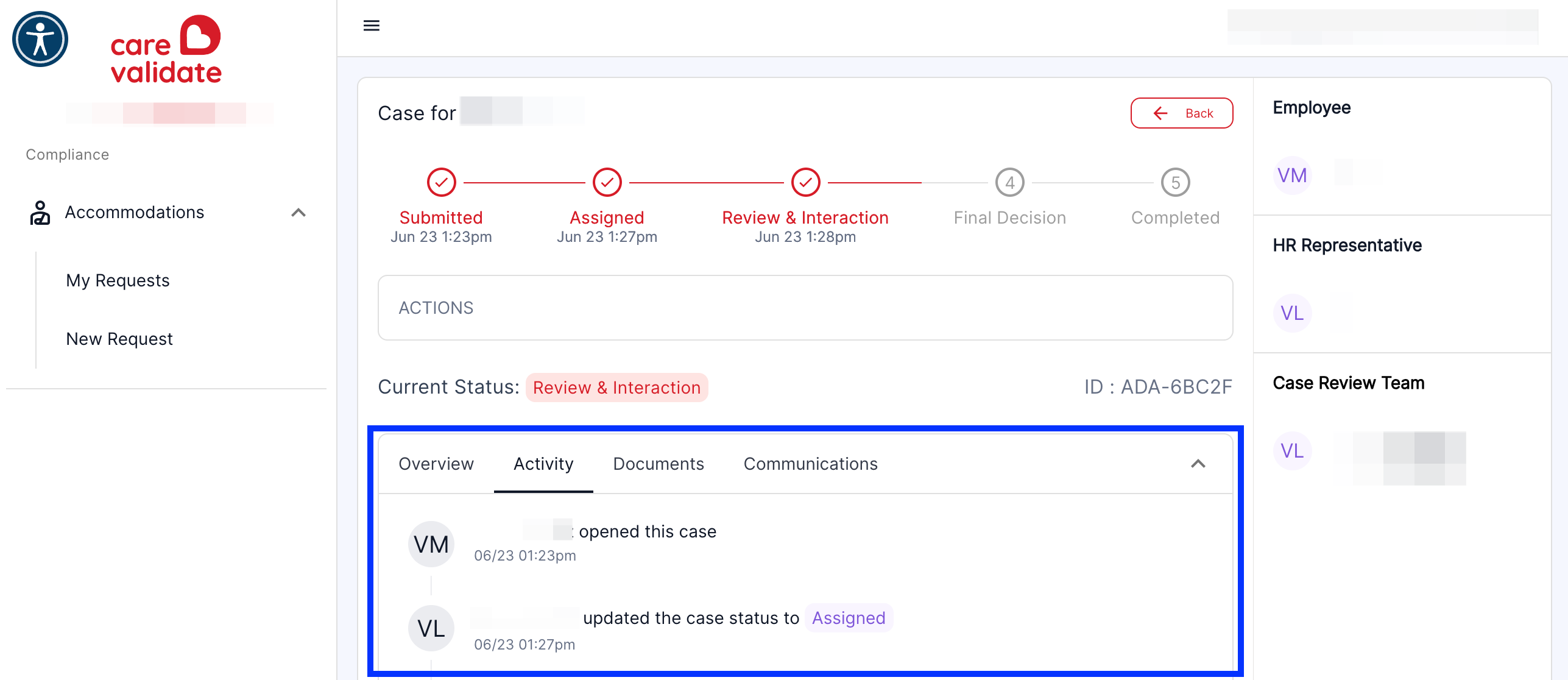 You can see a more detailed timeline in the Activity Tab, which will show each action logged on the Request