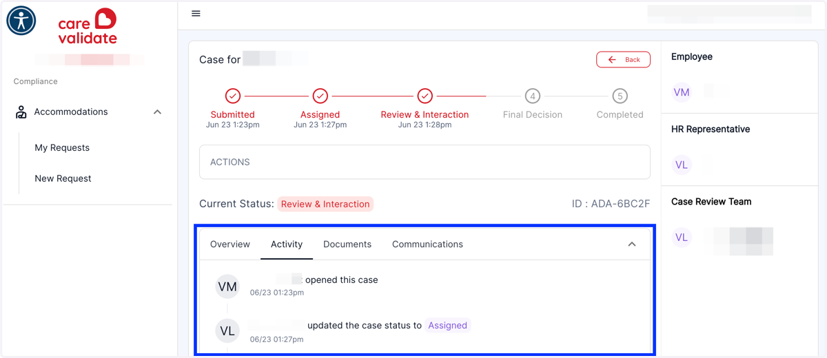 You can see a more detailed timeline in the Activity Tab, which will show each action logged on the Request