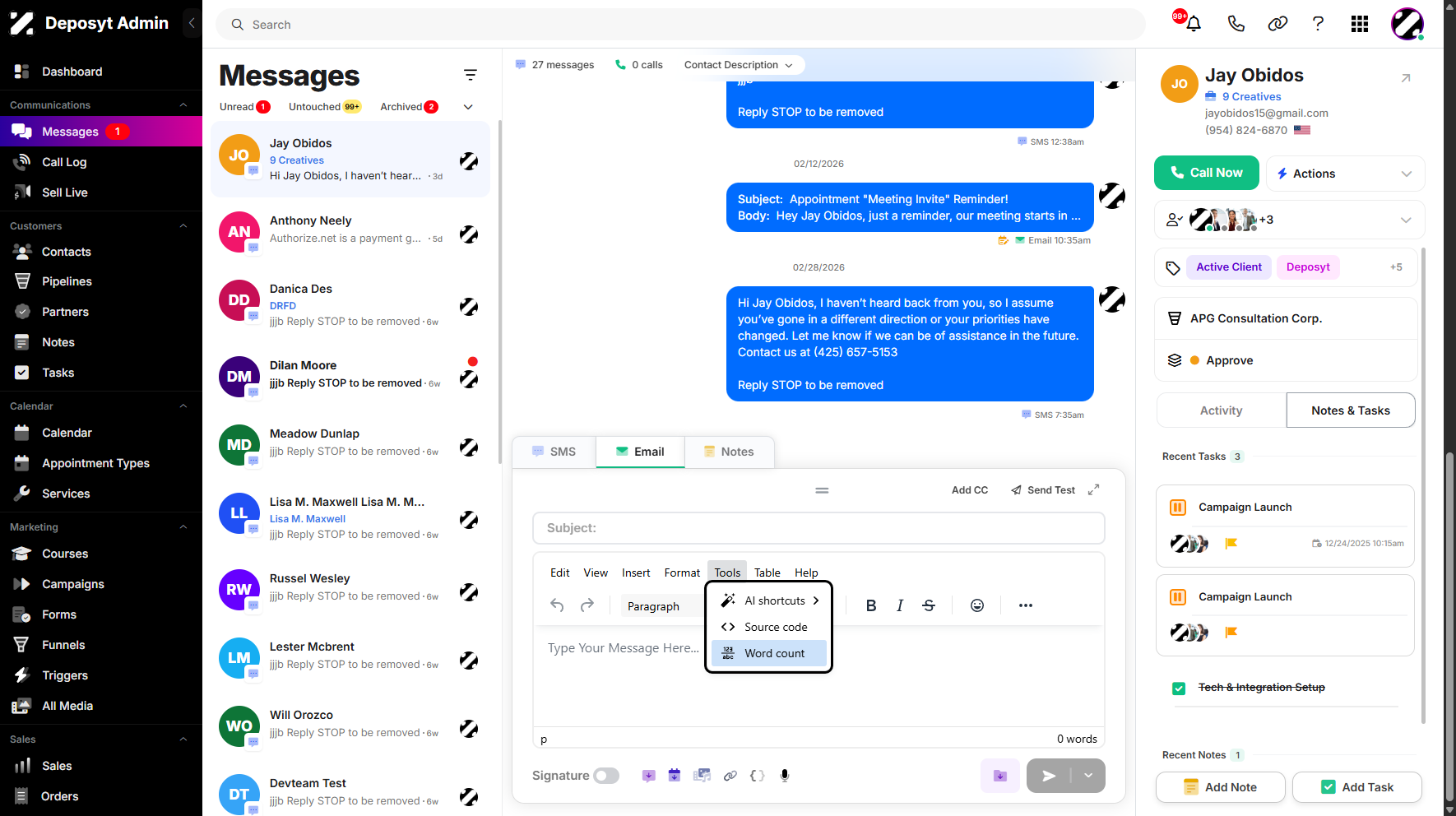 Step 5: A pop-up window will appear, displaying the AI Shortcuts tool, Source Code, and Word Count. These tools can greatly improve efficiency when creating an email.