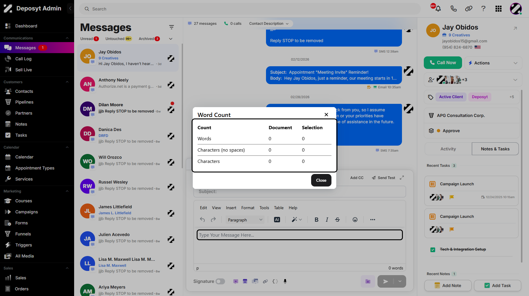 Step 12: Clicking it opens a pop-up window that displays the total number of words, characters, and other details.