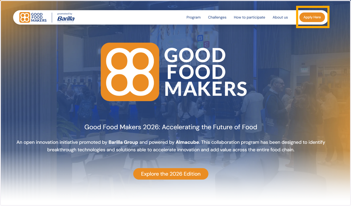 After registering and logging in, go back to https://goodfoodmakers.it/ and click 'Apply Now'.