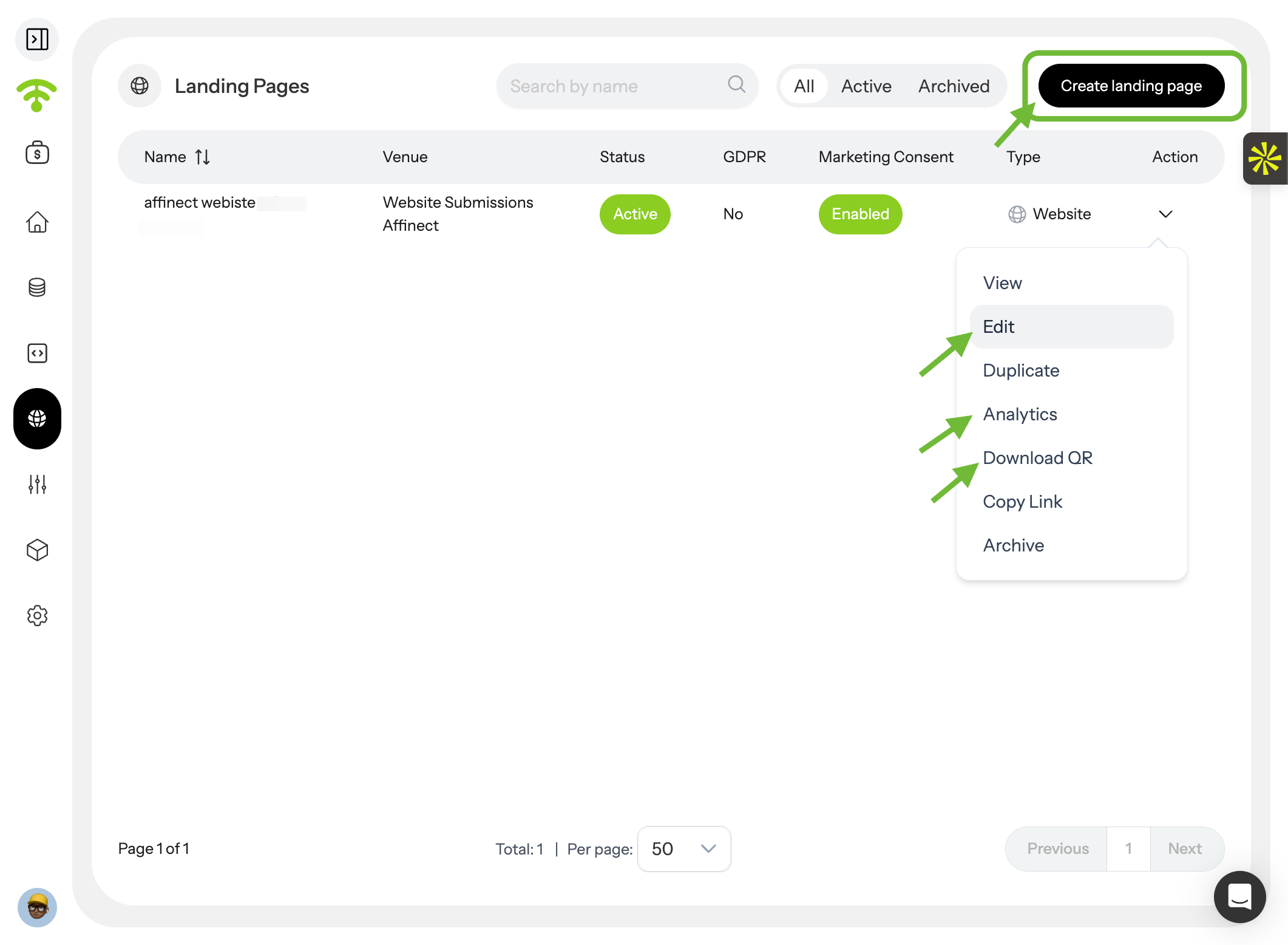Create or Manage Landing Pages
