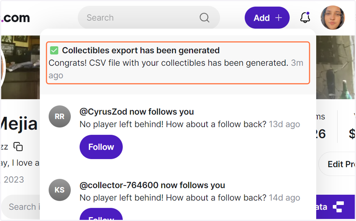 Click on "✅ Collectibles export has been generated…" and the download will start.