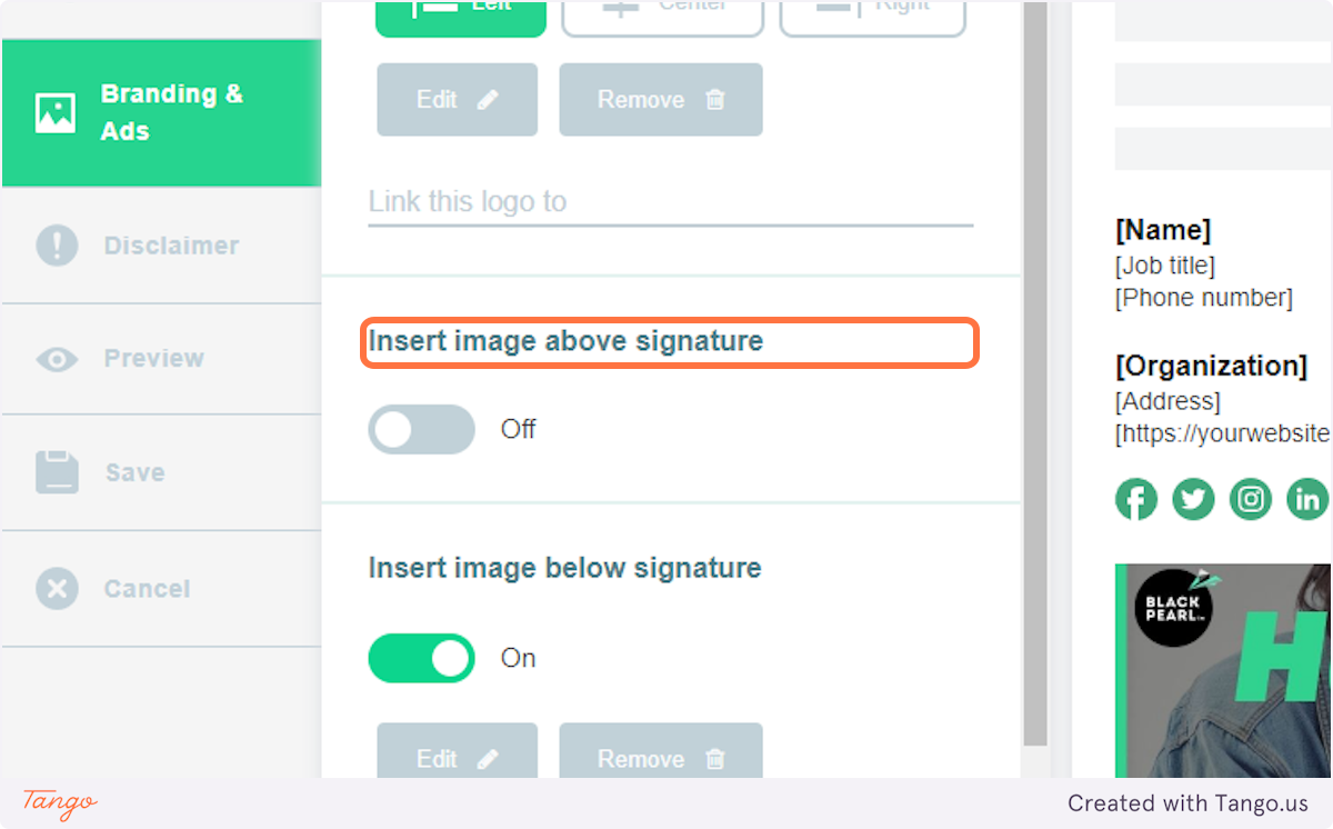 Click on Insert image above signature