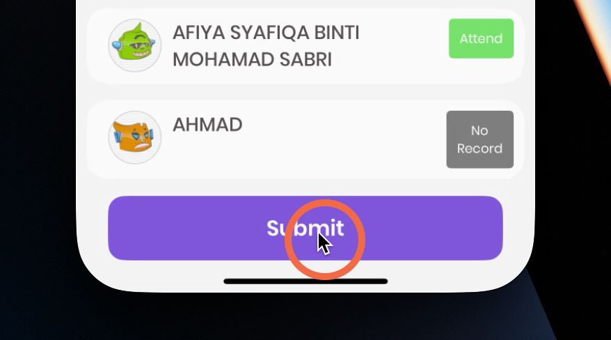 Klik butang 'Submit' untuk mengesahkan penghantaran kehadiran.