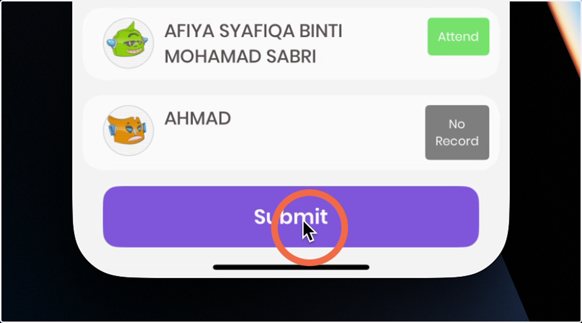 Klik butang 'Submit' untuk mengesahkan penghantaran kehadiran.