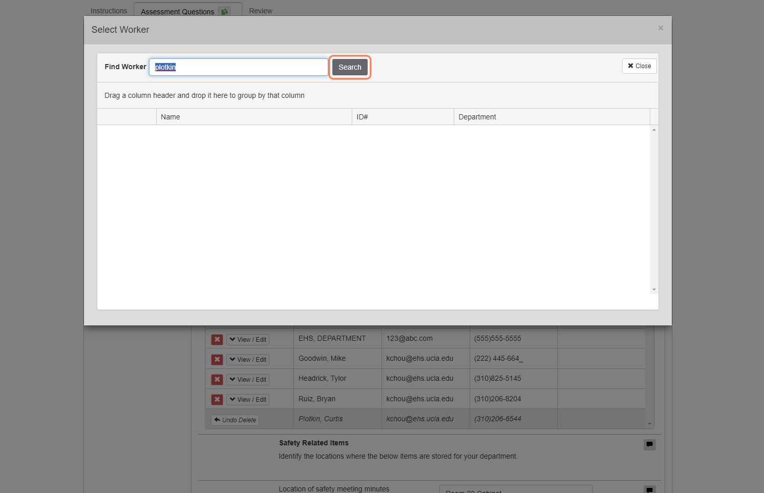 Type the name or UID of the person you are searching for into the "Find Worker" field the click the "Search" button. A list of matches will appear in the table below.