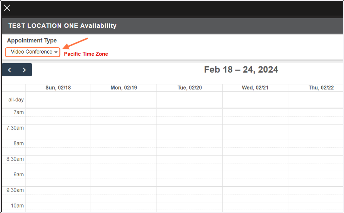 Under 'Appointment Type' you will find a dropdown with the option for 'Video Conference' or 'In Person'. Before you begin setting up time blocks for appointment availability, be sure to select the appropriate Appointment Type.