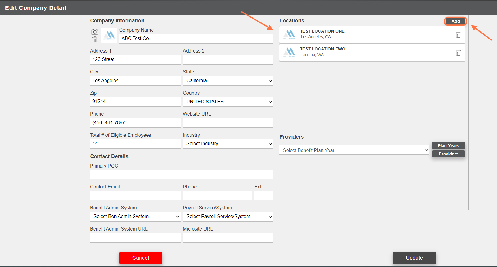 Segmenting employees by location begins in Company Detail. Be sure to set up as many locations as are necessary for your case's logistics. You can set up locations using the location census template, or add them individually with the 'Add' button in 