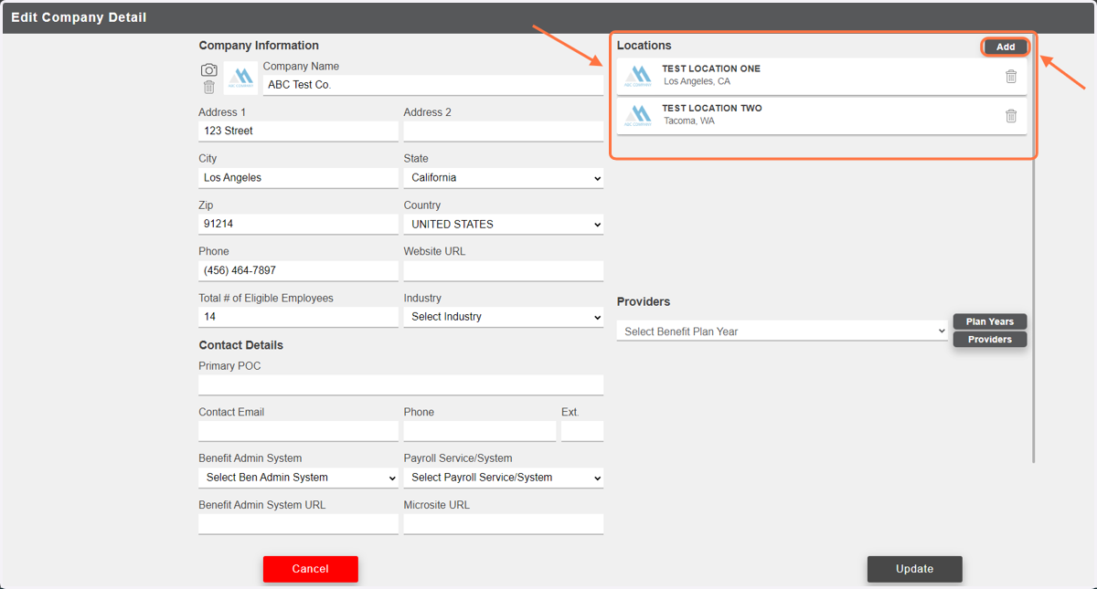 Segmenting employees by location begins in Company Detail. Be sure to set up as many locations as are necessary for your case's logistics. You can set up locations using the location census template, or add them individually with the 'Add' button in