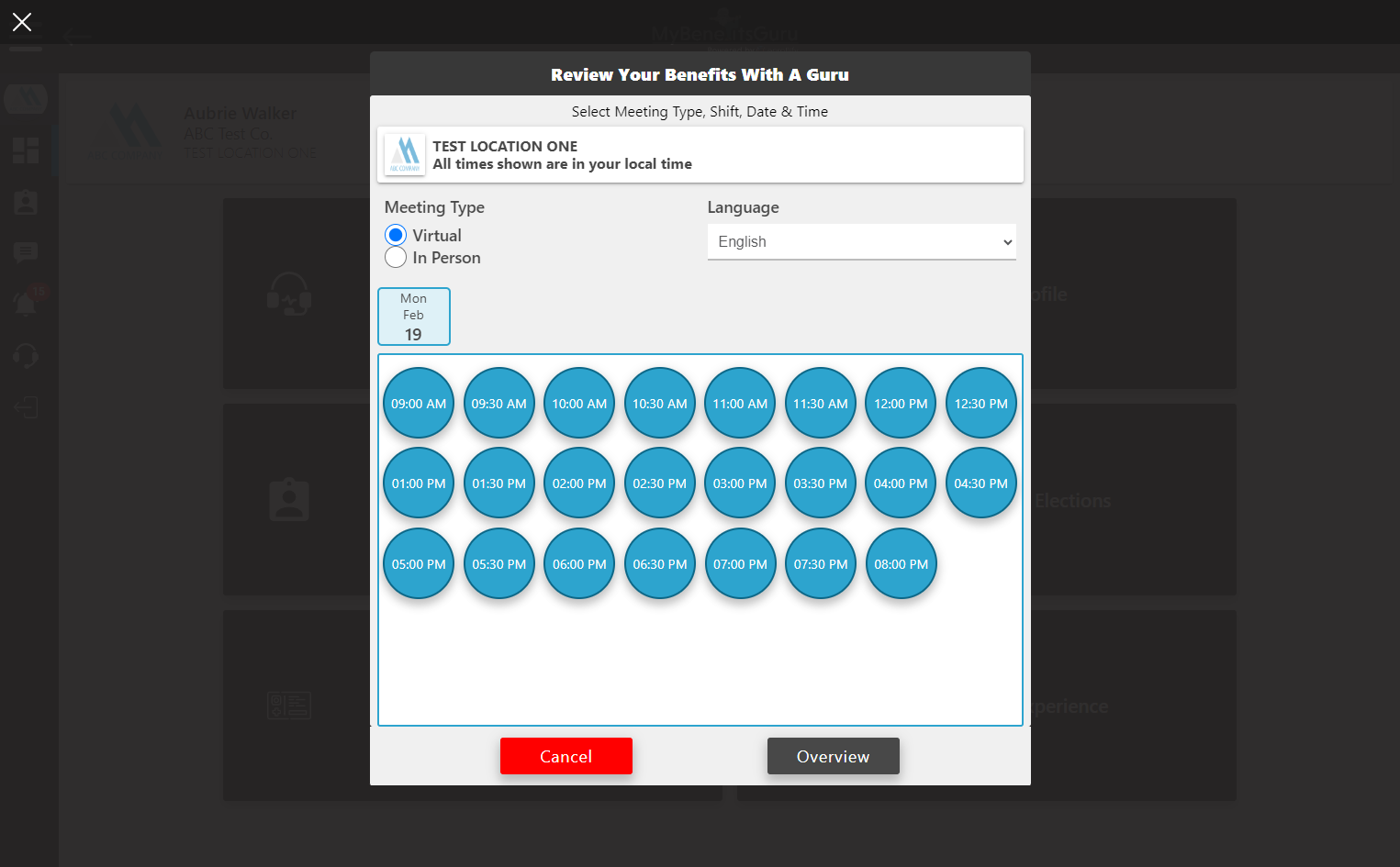 Employees will be able to see the appointments you have made available at the location they are assigned to. The image below is the employee view for a location that has Virtual and In Person appointments available.
