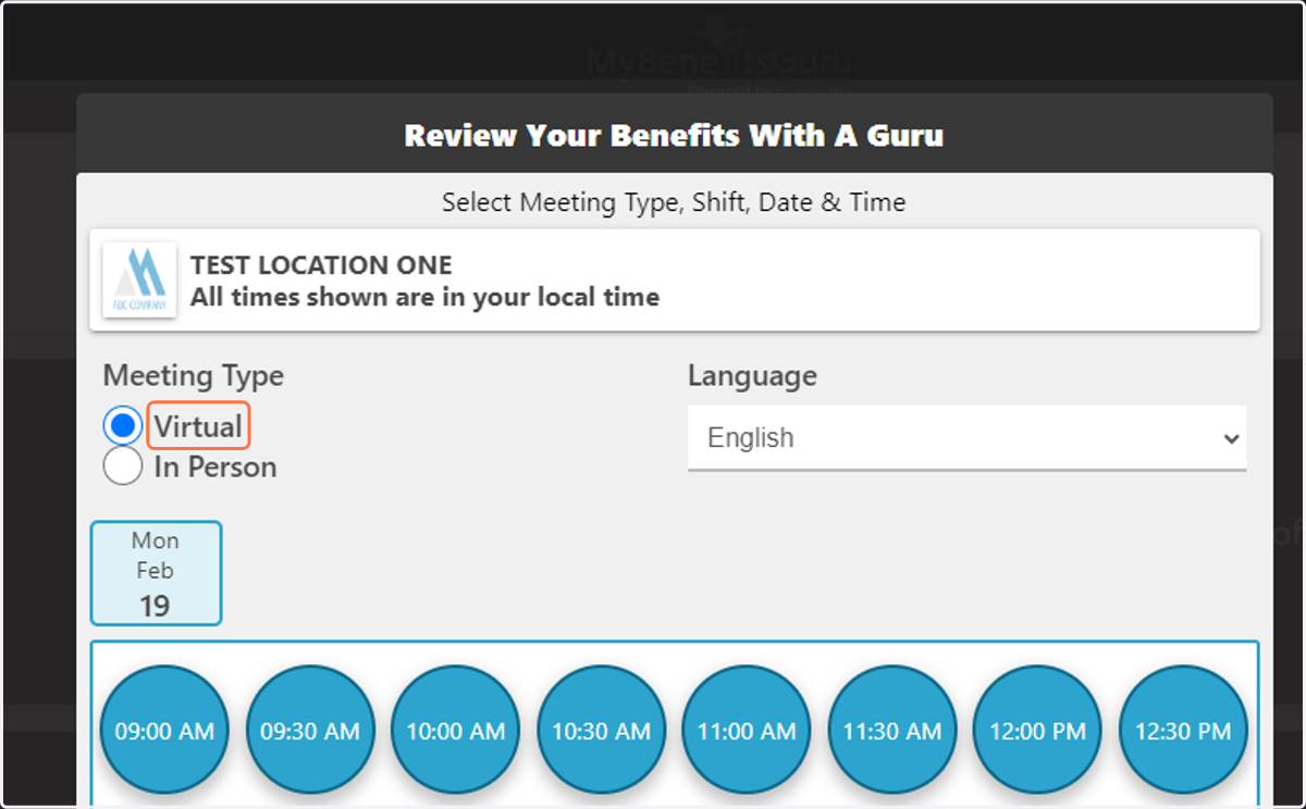 Employees will be able to see the appointments you have made available at the location they are assigned to. The image below is the employee view for a location that has Virtual and In Person appointments available.