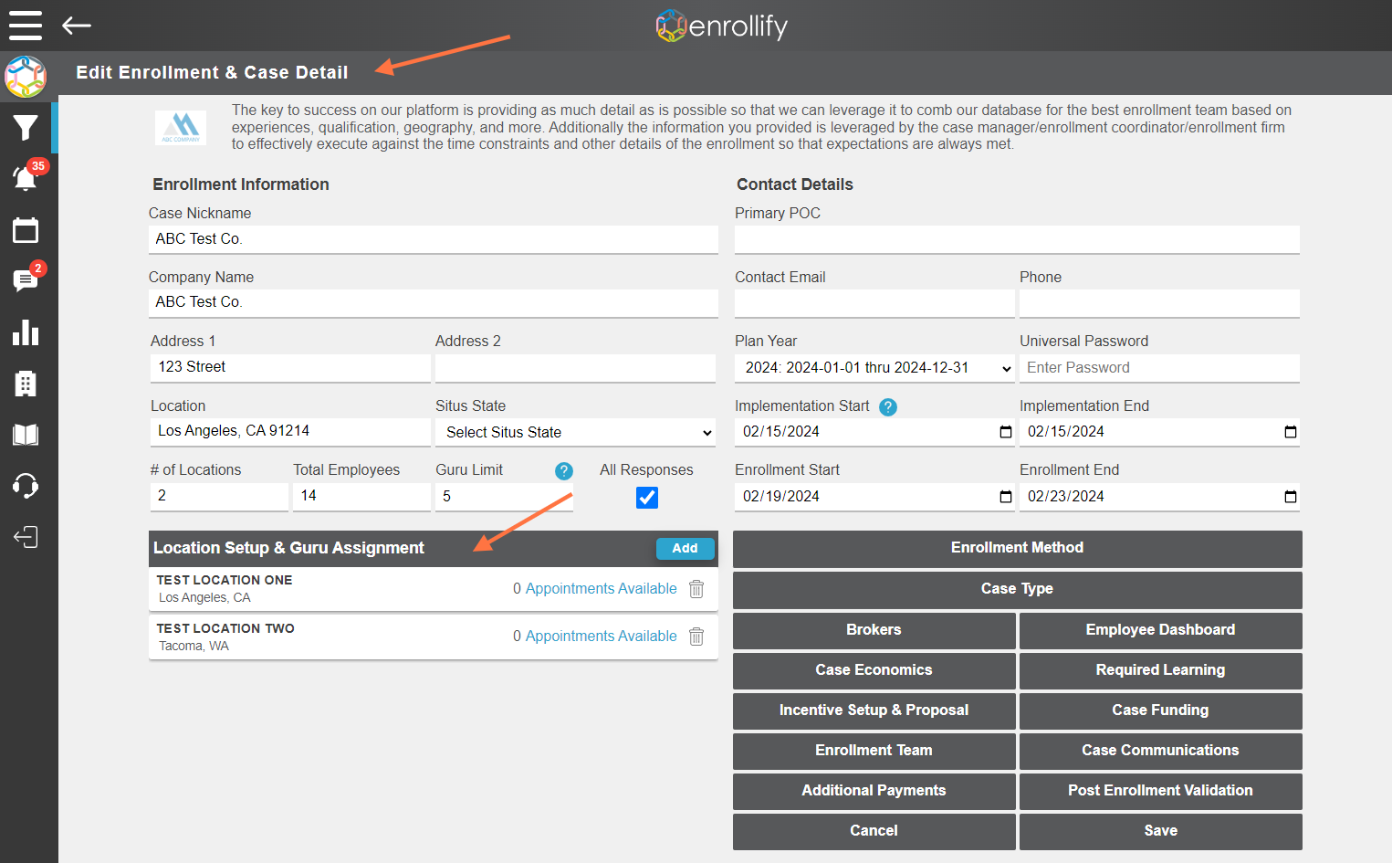 From the 'Edit Enrollment & Case Detail' page, you will set up appointment availability under the 'Location Setup & Guru Assignment' section.