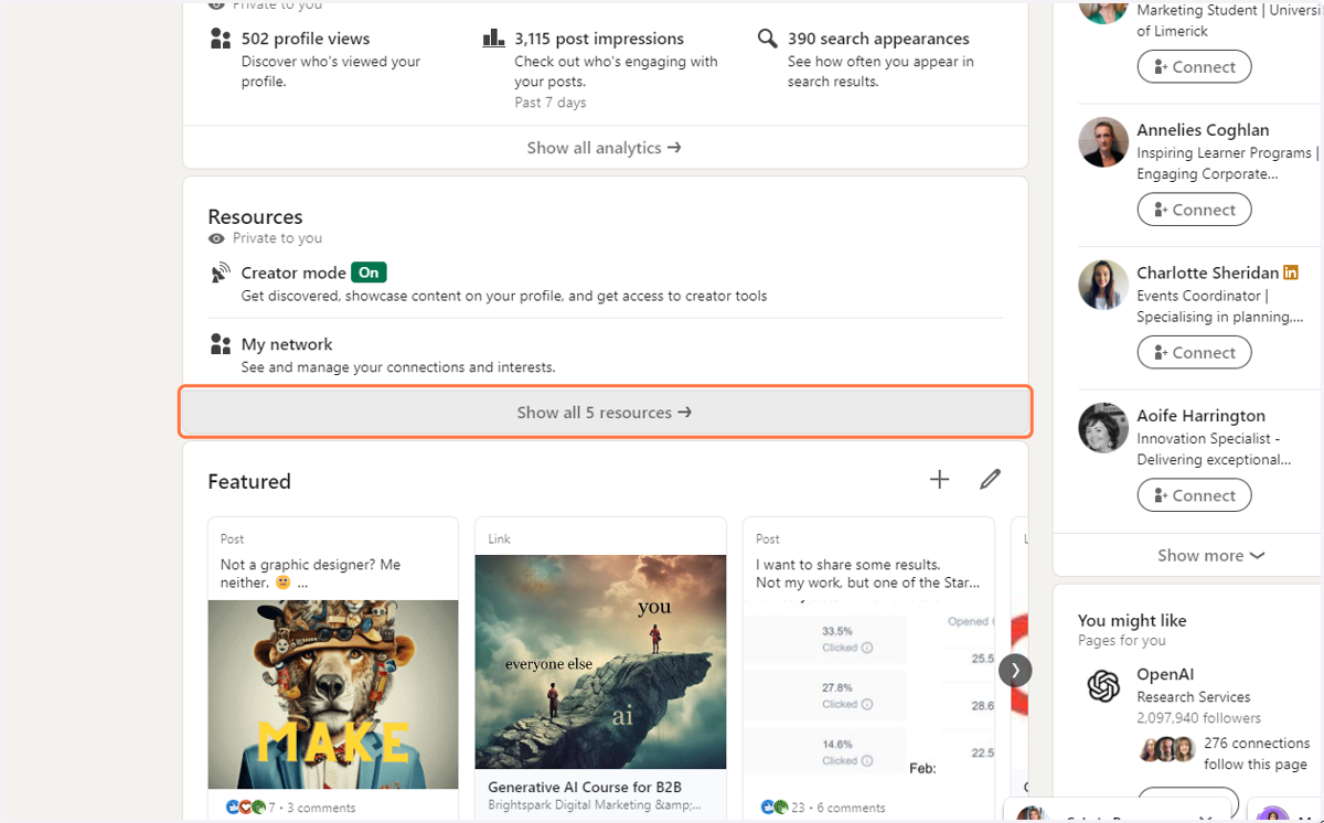 Scroll down beyond Insights to Resources. Click on Show all 5 resources.