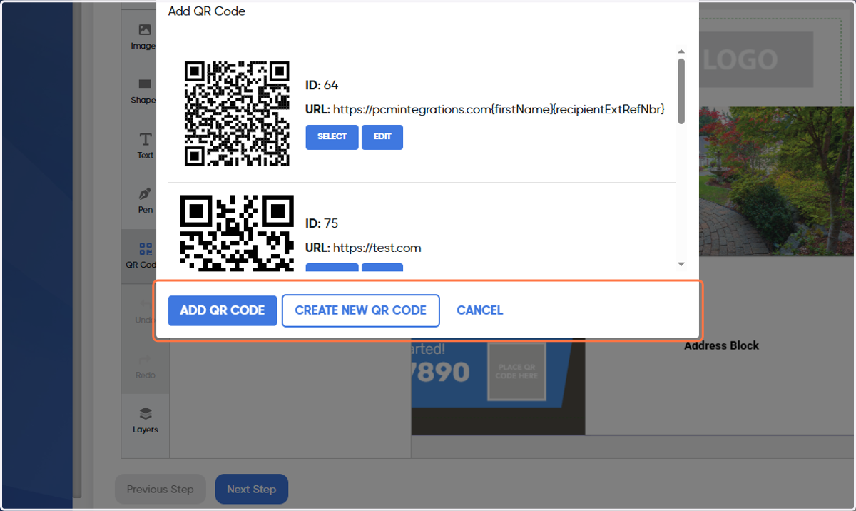 If you'd like to use an existing QR code, select it from the list and click ADD QR CODE. Otherwise, click on CREATE NEW QR CODE.