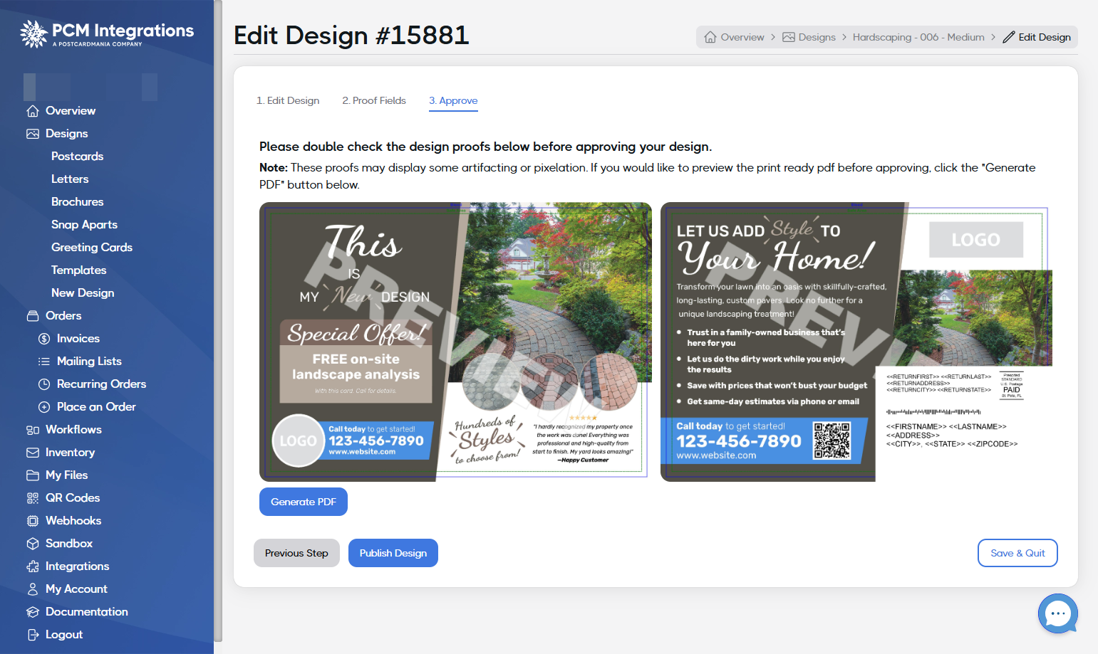 Double-check the proof and, if ready, click on Publish Design