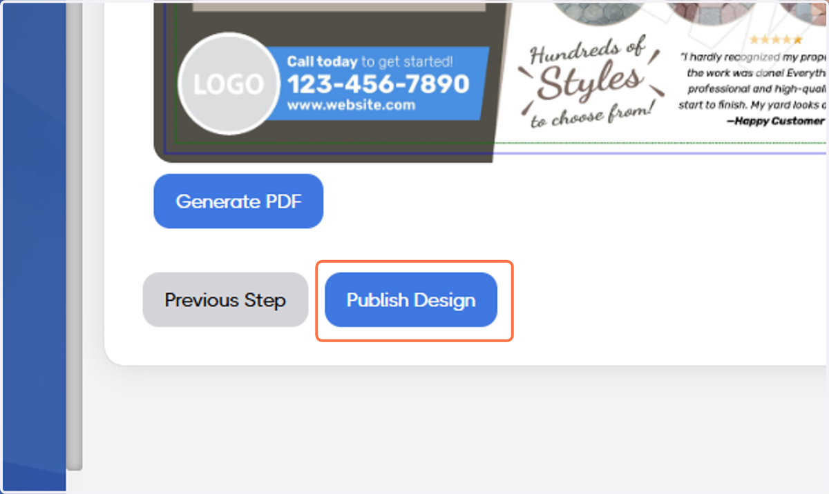 Double-check the proof and, if ready, click on Publish Design