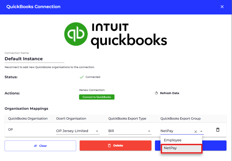 Click on QuickBooks Export Group dropdown
