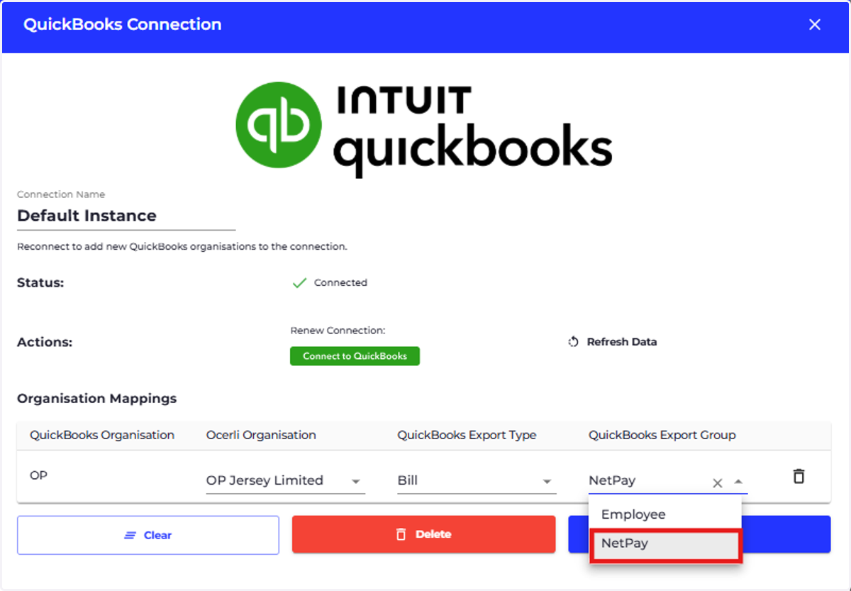 Click on QuickBooks Export Group dropdown