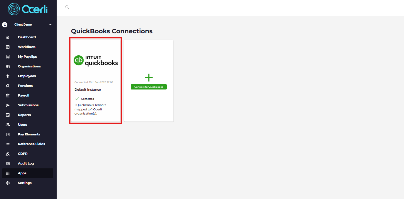 Click on your QuickBooks Connected Organisation