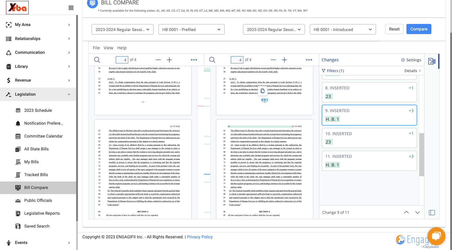 You can also navigate to specific changes in the bill compare results by clicking on the item highlighted in the menu bar.