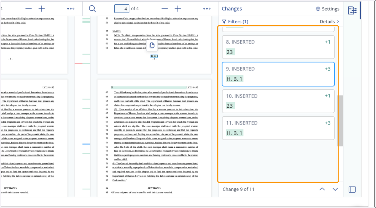 You can also navigate to specific changes in the bill compare results by clicking on the item highlighted in the menu bar.