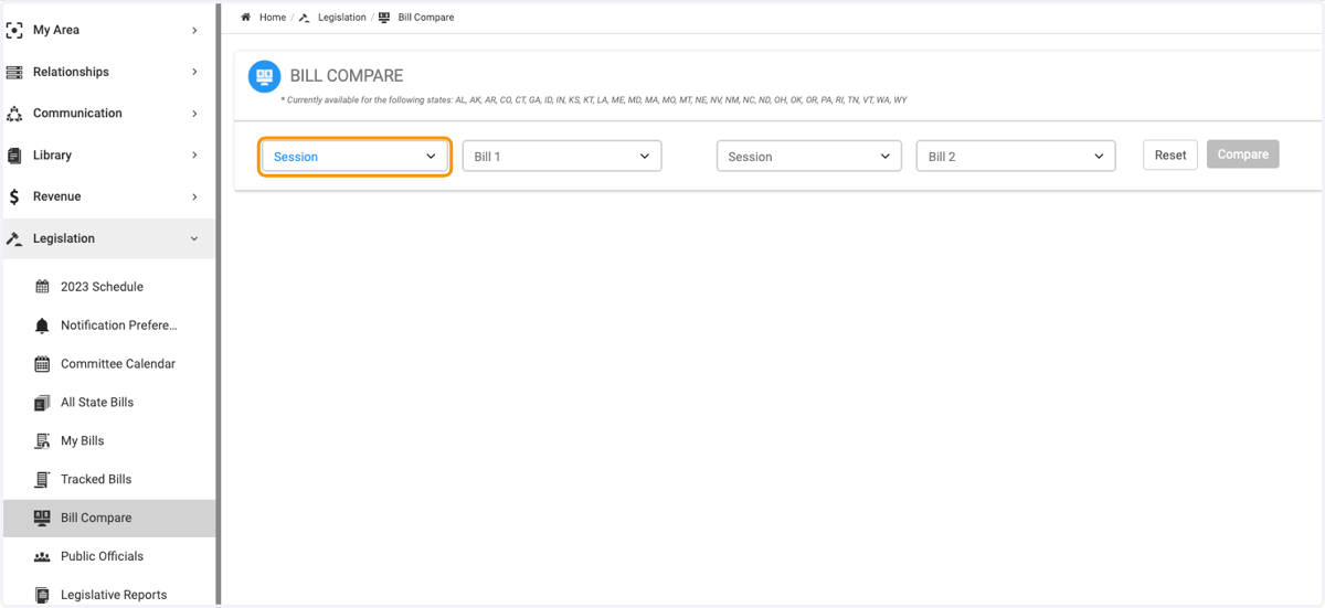 Select the session associated with the first bill that is being compared.