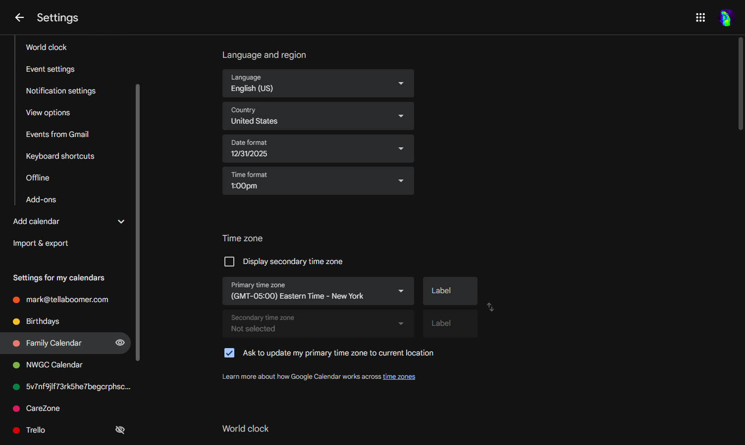 Now locate "Settings for my calendars" and select the calendar you just created.