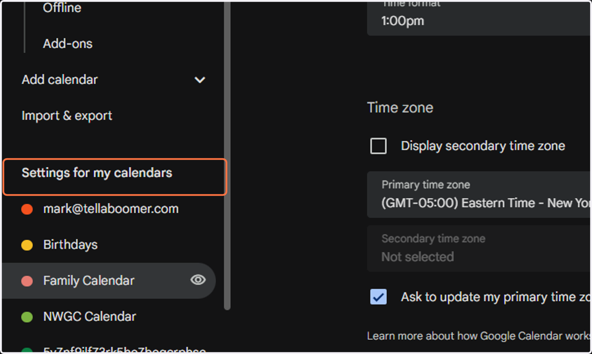 Now locate "Settings for my calendars" and select the calendar you just created.