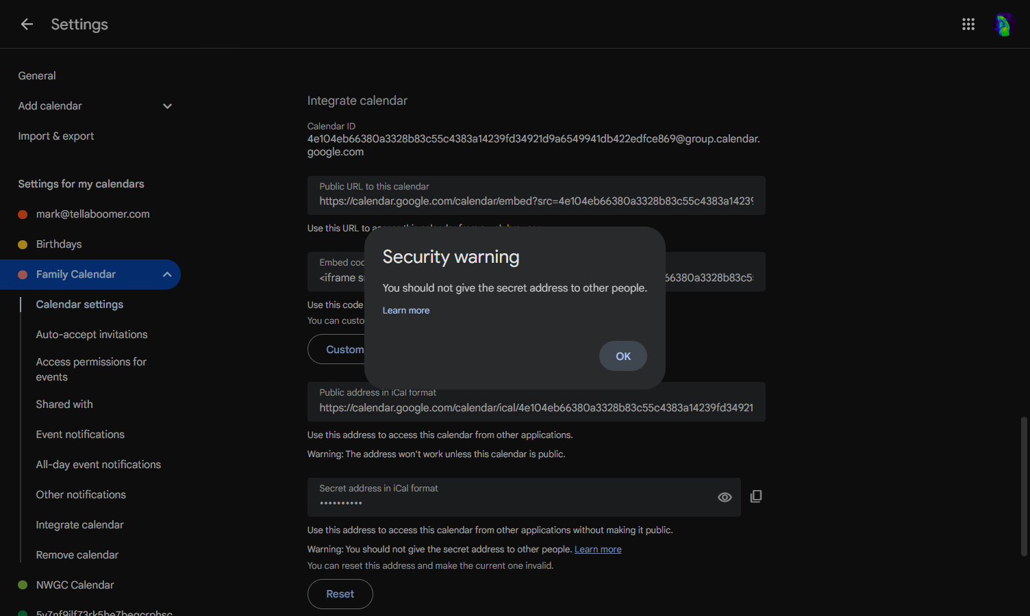 Select "OK" to proceed and then paste the URL into either a TXT or eMail message to send to Tellaboomer.