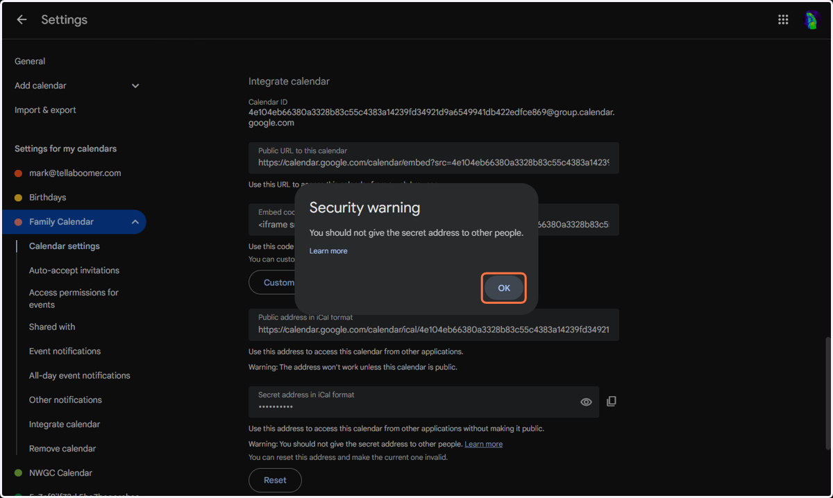 Select "OK" to proceed and then paste the URL into either a TXT or eMail message to send to Tellaboomer.