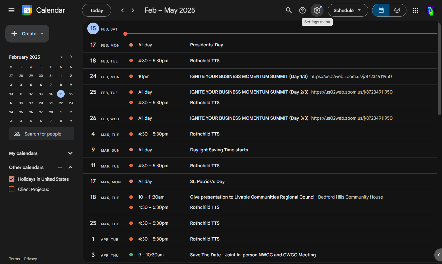 After you create your new calendar, go back to the main page for Google Calendar and open up the "Settings menu" (located in the upper right corner).