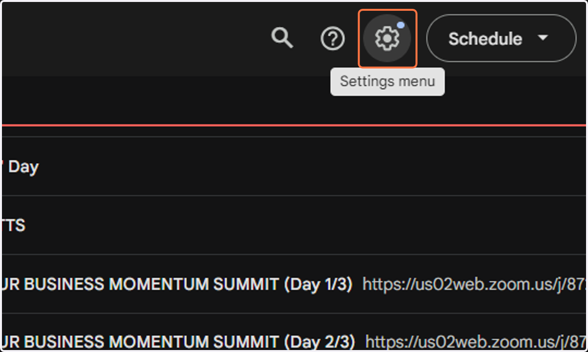 After you create your new calendar, go back to the main page for Google Calendar and open up the "Settings menu" (located in the upper right corner).