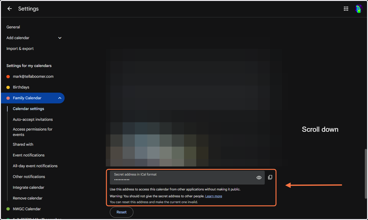 Scroll down to locate the "Secret address in iCal format" field