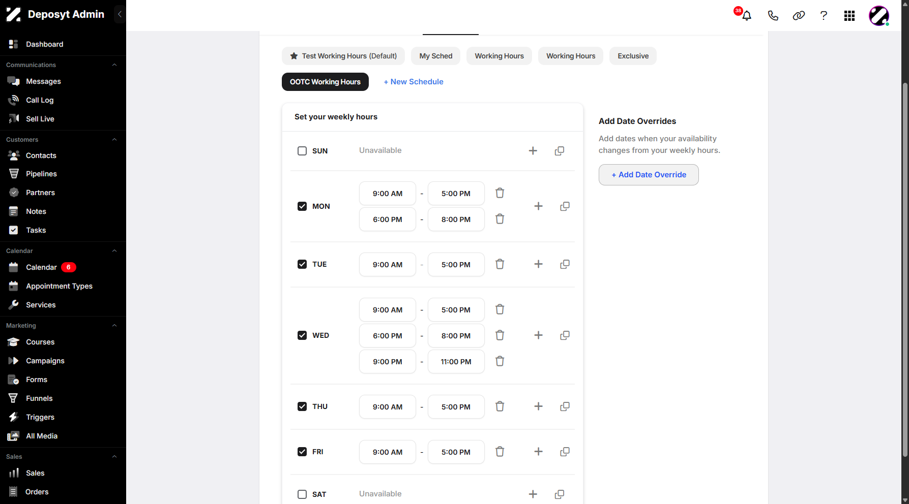Step 15: Lastly, you can add a date override. Simply click the + Add Date Override button to proceed.