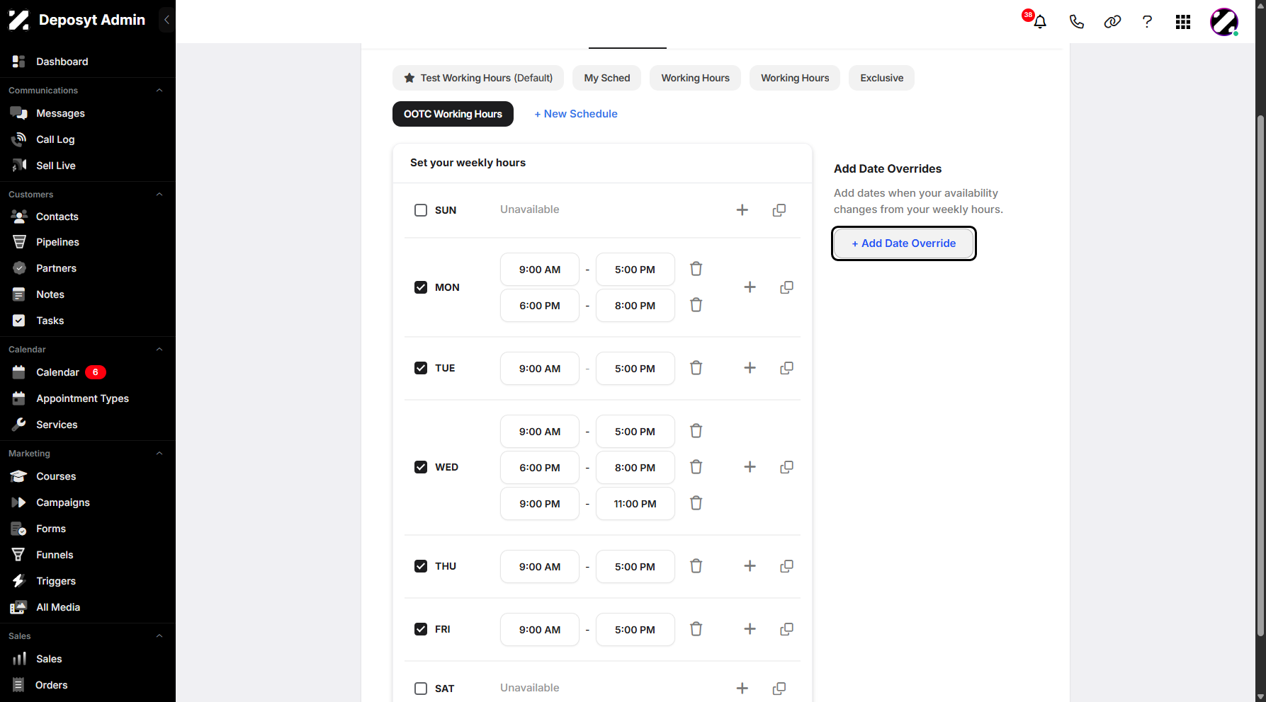 Step 15: Lastly, you can add a date override. Simply click the + Add Date Override button to proceed.