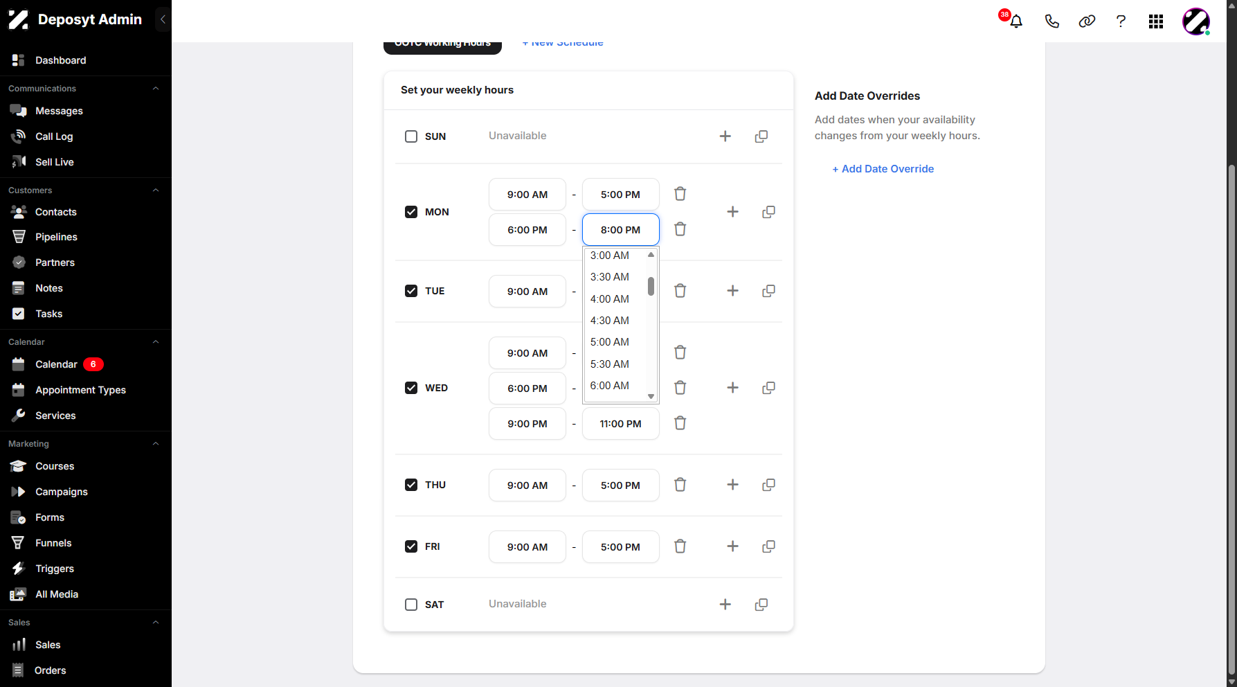 Step 12: You can set your daily availability by clicking the time dropdown menu and selecting an option.