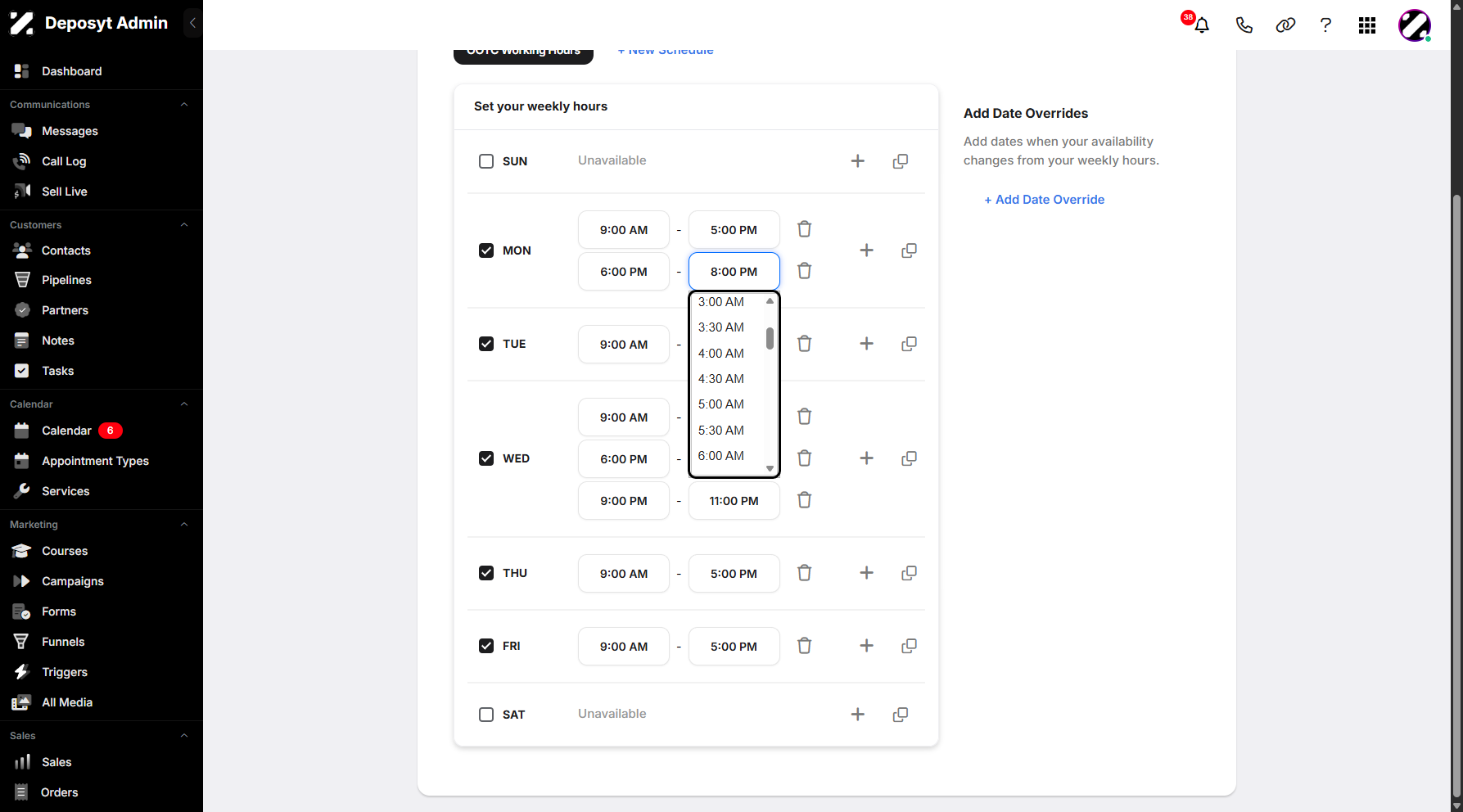 Step 12: You can set your daily availability by clicking the time dropdown menu and selecting an option.
