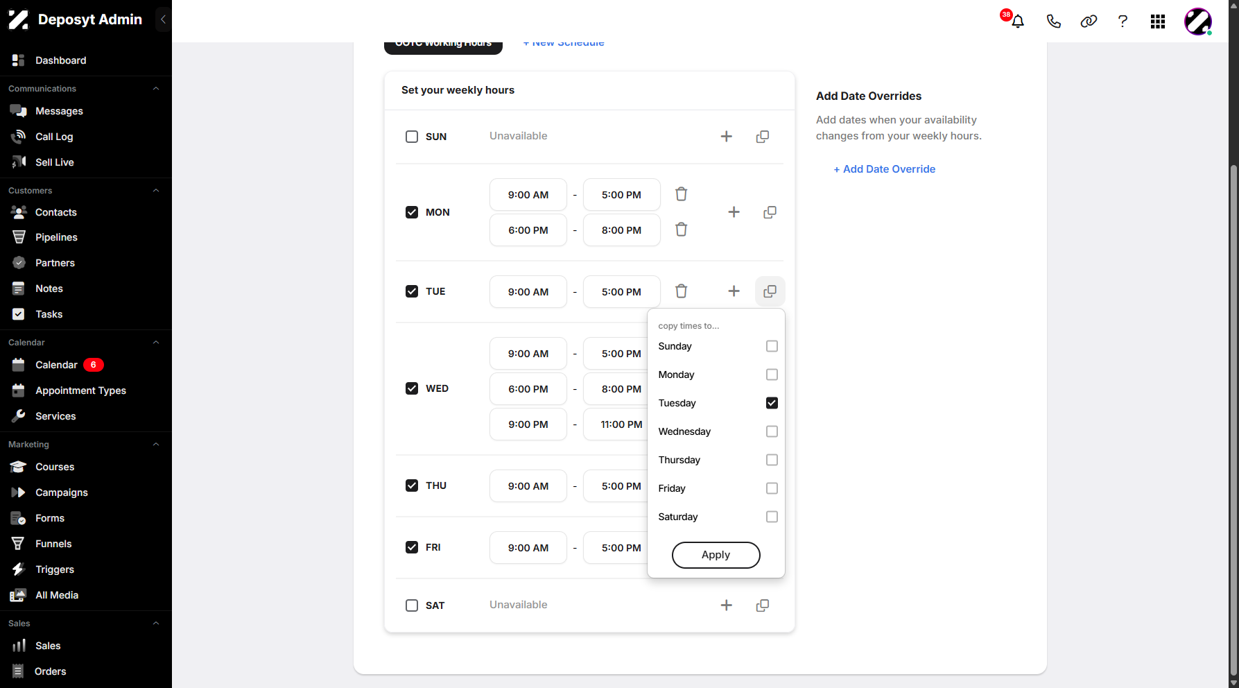 Step 13: You can also duplicate your daily availability to other days. Simply select from the dropdown menu, then click Apply to save the changes.