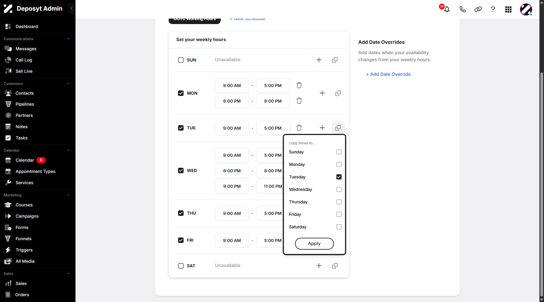 Step 13: You can also duplicate your daily availability to other days. Simply select from the dropdown menu, then click Apply to save the changes.