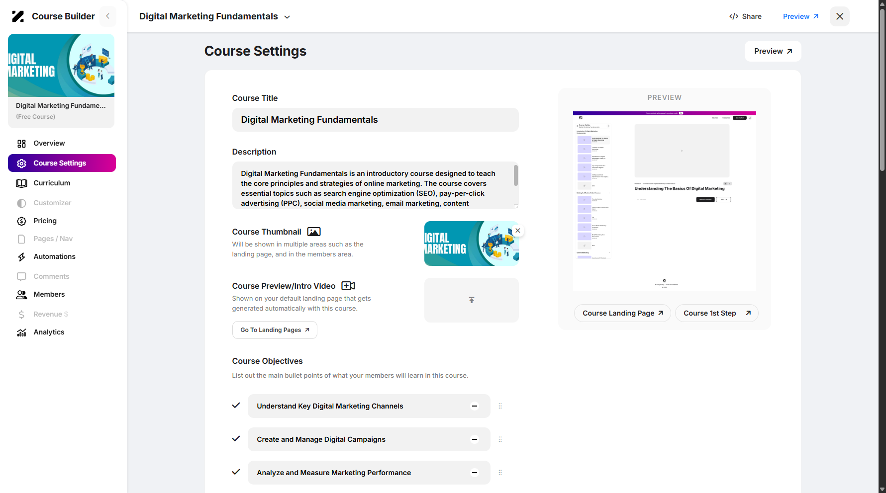 Step 5: You will then be taken to the Course Settings page.