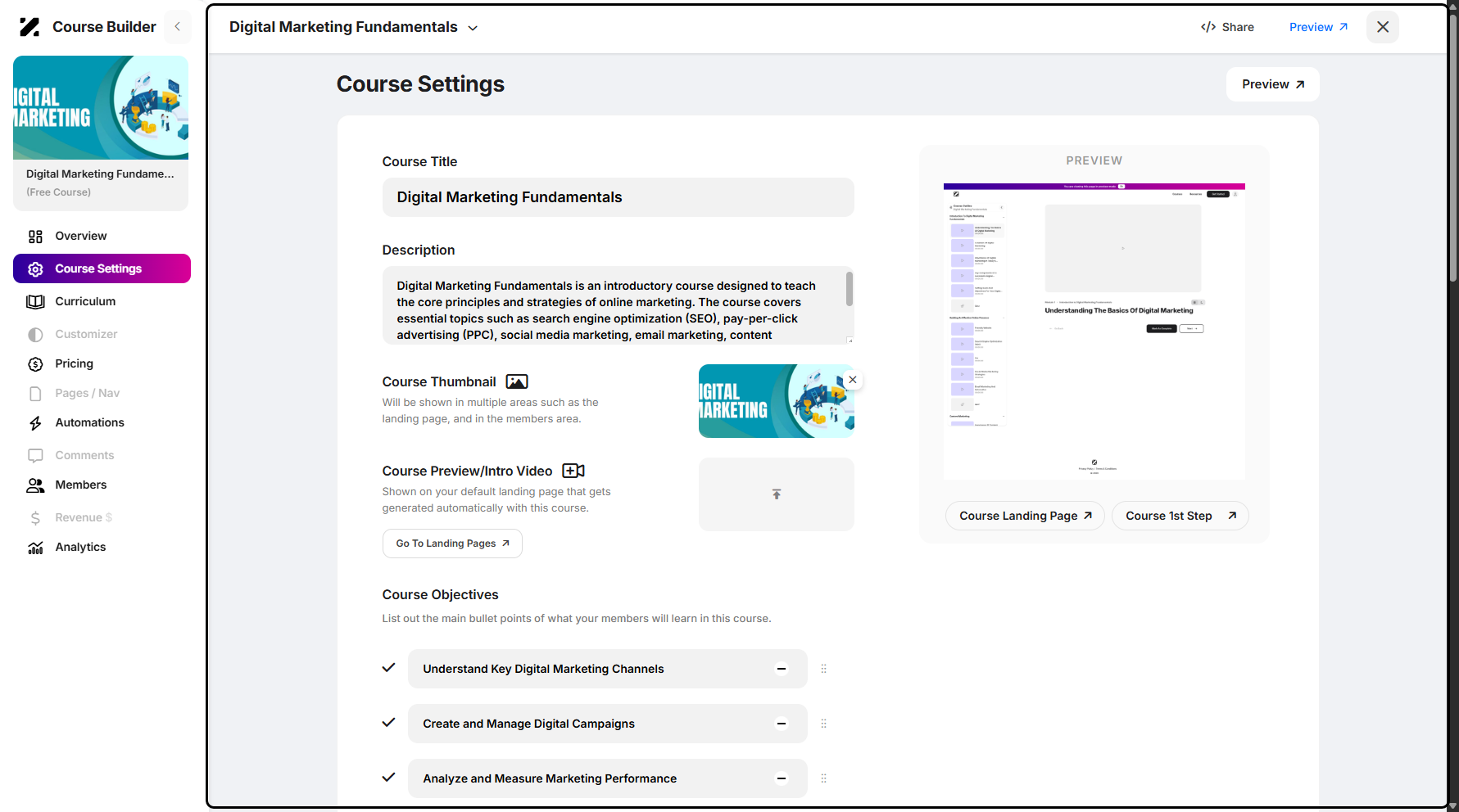 Step 5: You will then be taken to the Course Settings page.