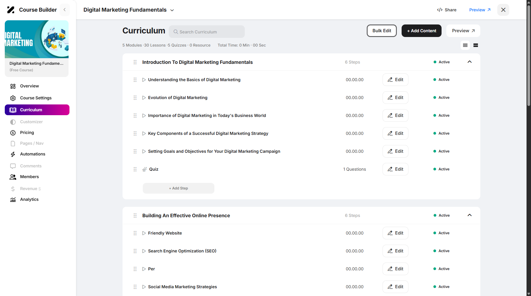 Step 9: You can also perform bulk edit, add content, and preview the curriculum.