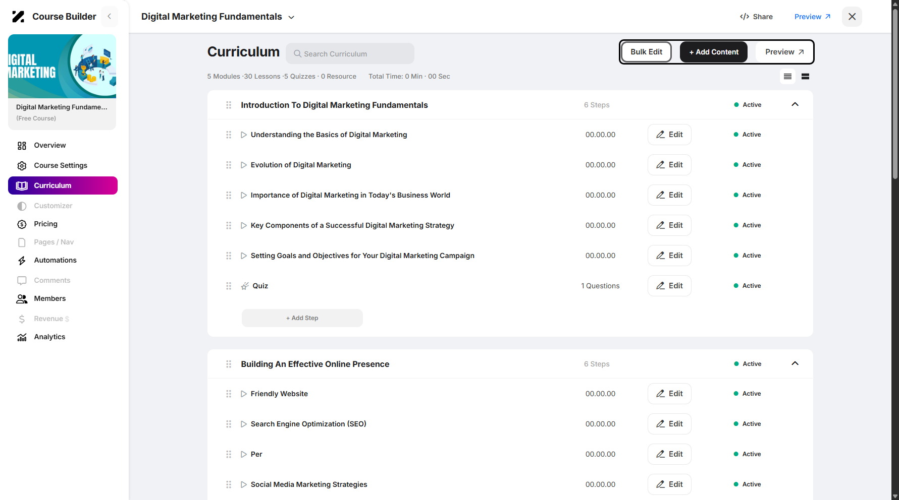 Step 9: You can also perform bulk edit, add content, and preview the curriculum.