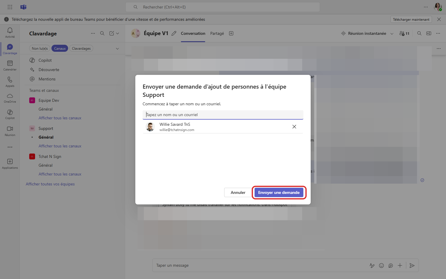 Click on Envoyer une demande en bas à droite de la fenêtre d'action.