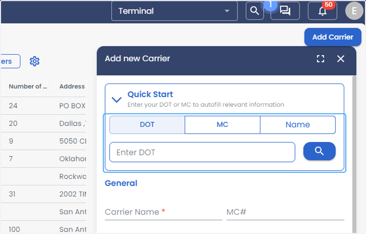 Under the Quick Start, Enter your DOT or MC to autofill relevant information