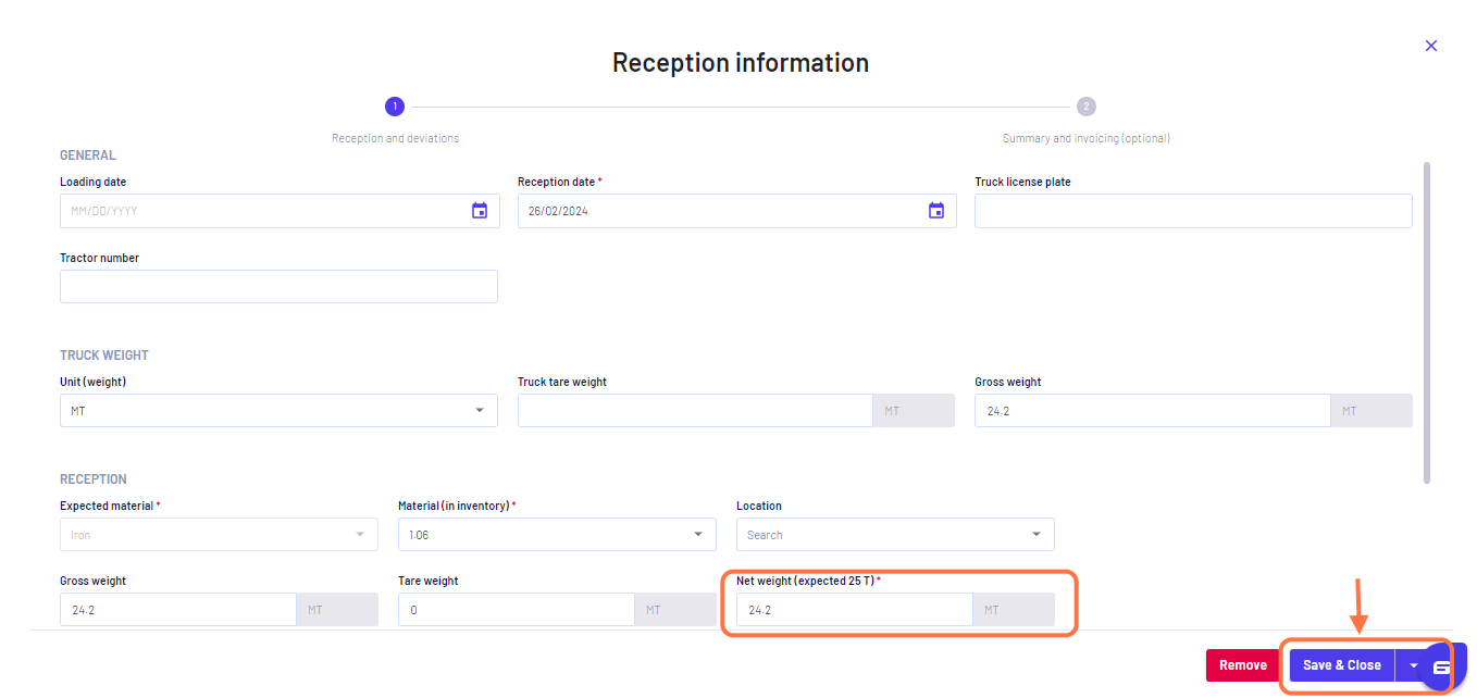 Record reception date. weight of the material, fill in other details, and click on 'Save'